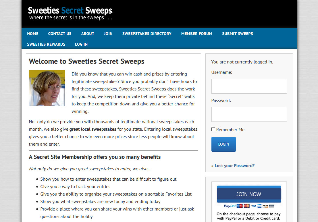 Sweeties Secret Sweeps Website Screenshot