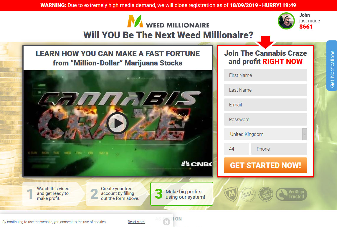 Weed Millionaire System Website Screenshot